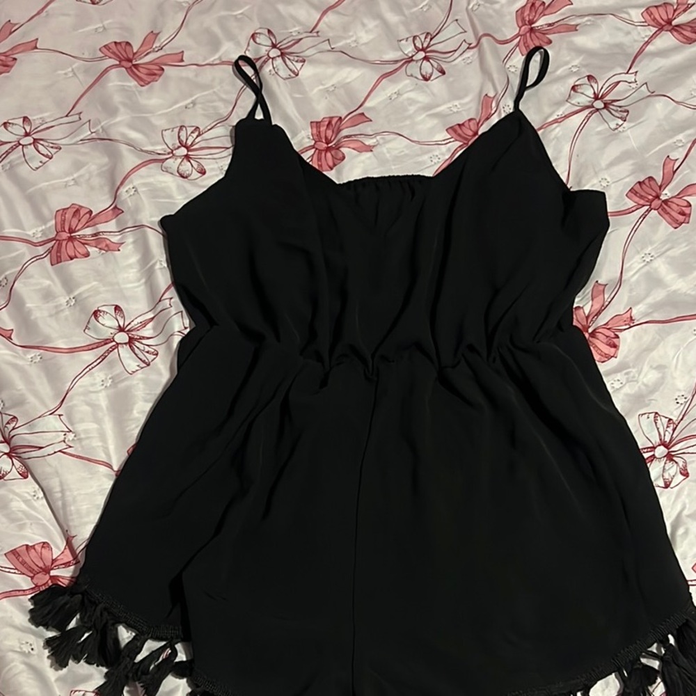 Black Sleeveless Romper with Tassel Hem